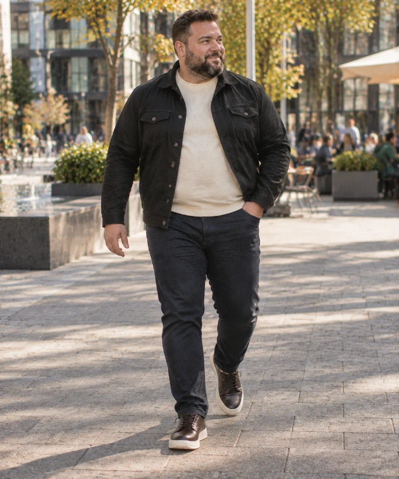 Black Denim Jacket with Cream Sweater, Dark Jeans