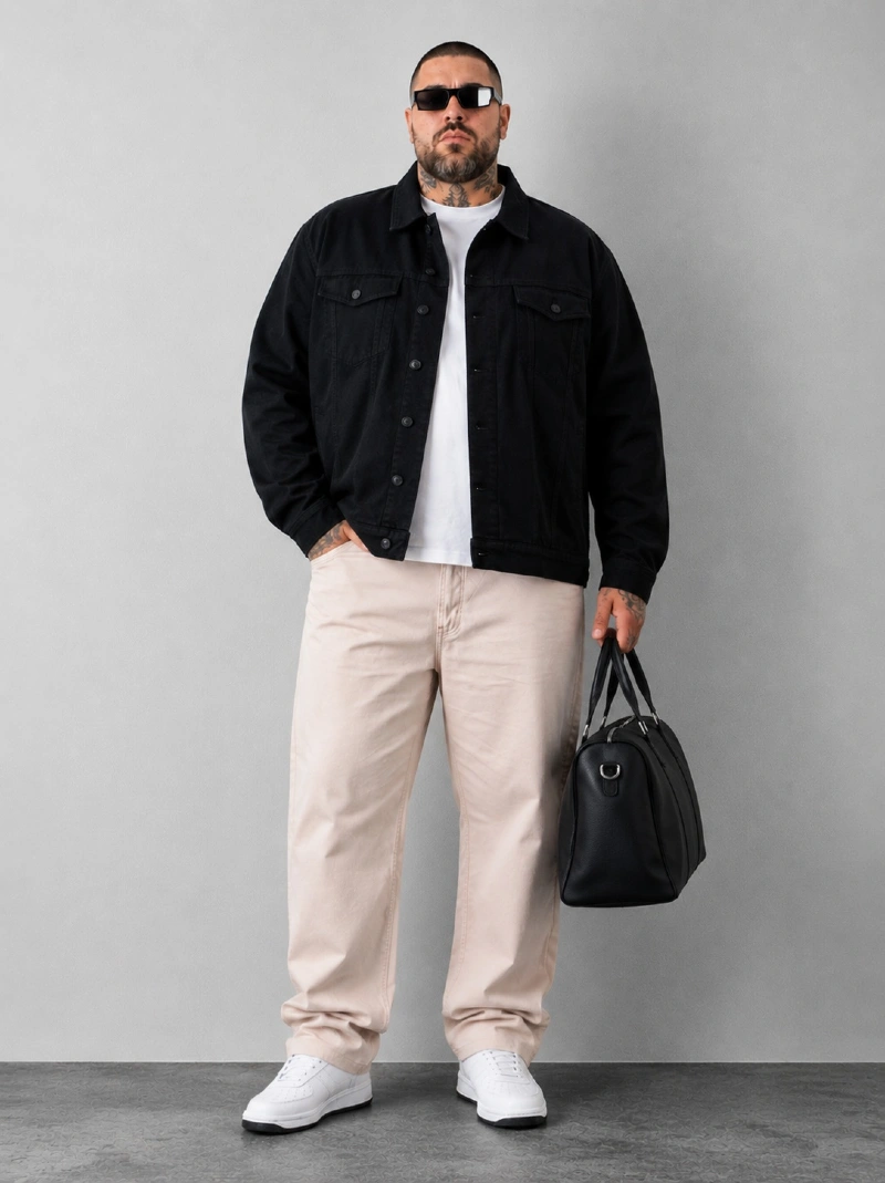 Black Denim Jacket with Light Cream Jeans