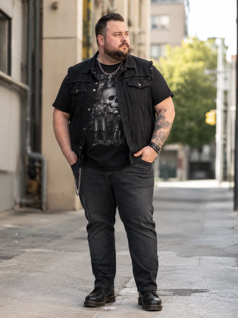 Black Denim Vest, Skull Graphic Tee, and Faded Jeans