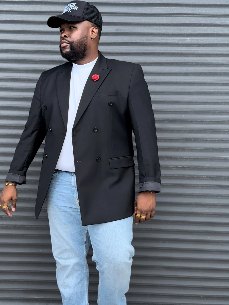 Black Double-Breasted Blazer, White T-Shirt