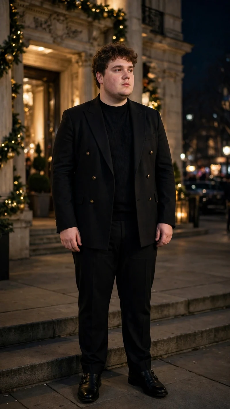 Black Double-Breasted Blazer with Gold Buttons, Crewneck Top, Trousers, and Monk Strap Shoes