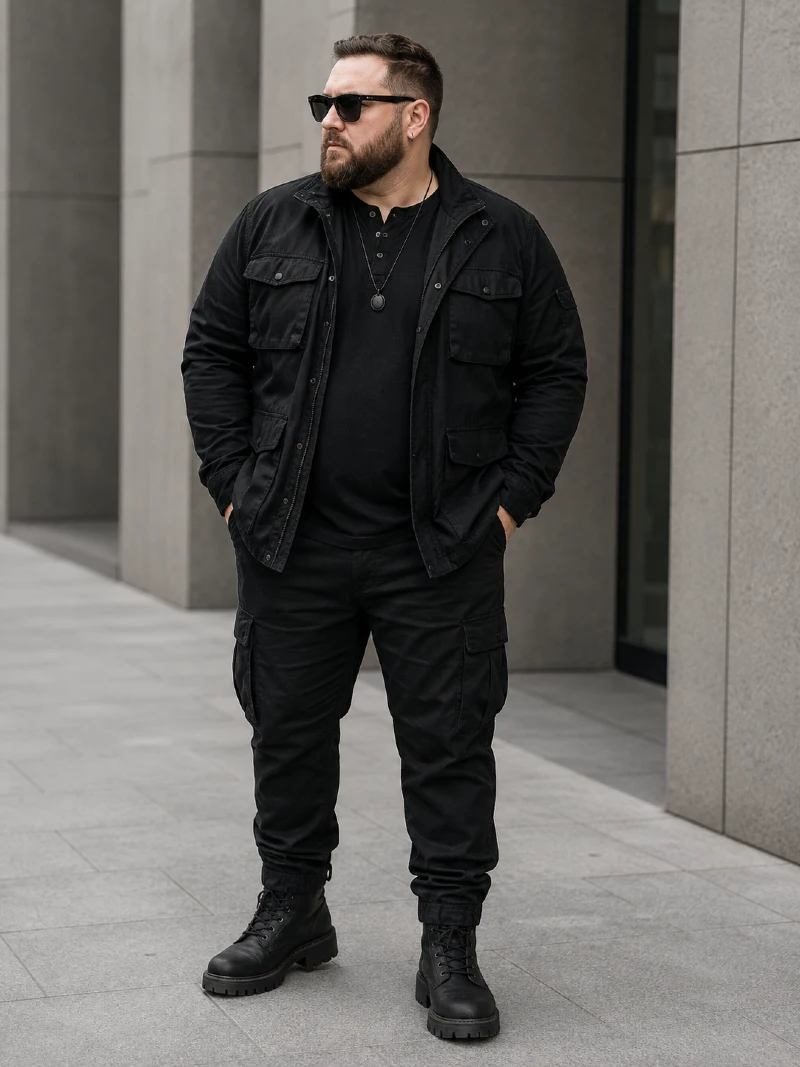 Black Field Jacket, Henley Shirt, and Cargo Pants