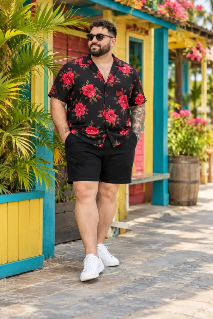 Black Floral Shirt Paired With Solid Black Shorts