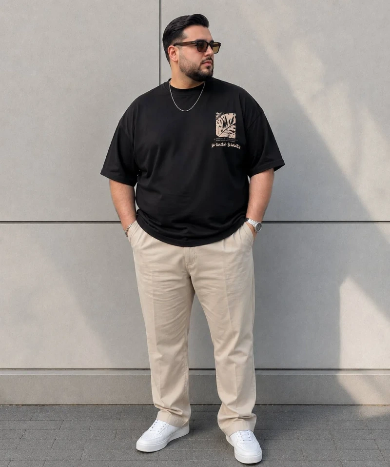 Black Graphic T-Shirt and Beige Trousers