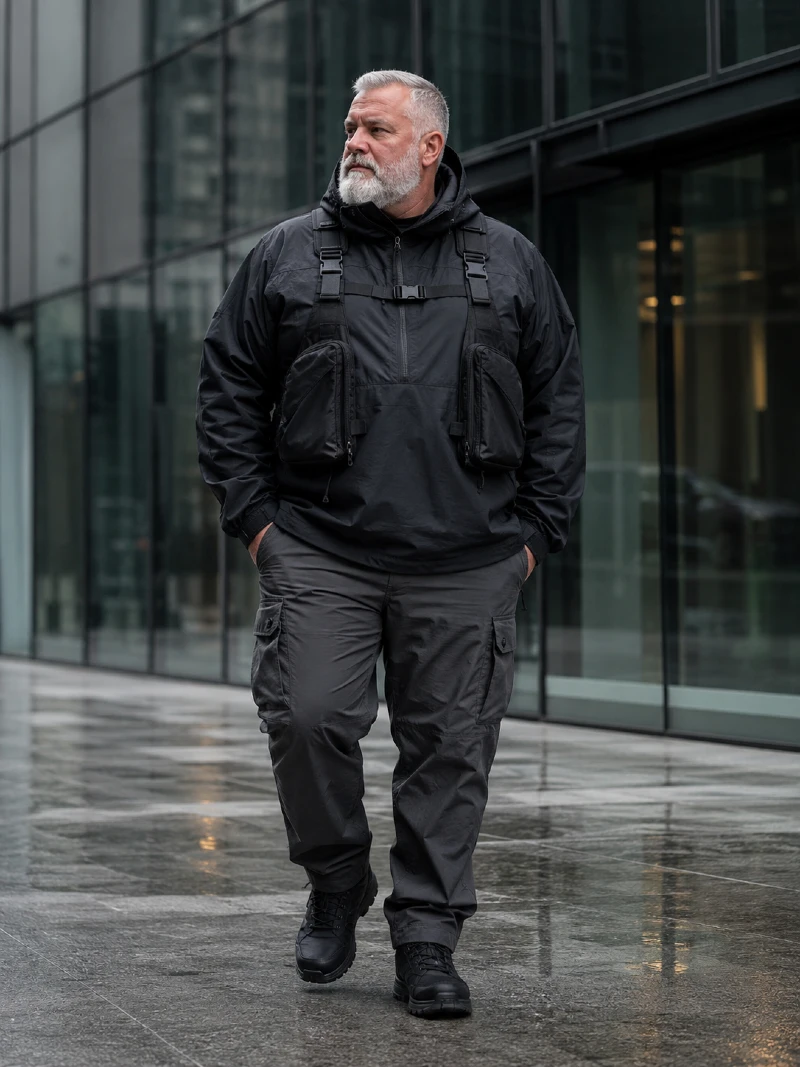 Black Hooded Anorak and Chest Rig with Charcoal Cargo Pants