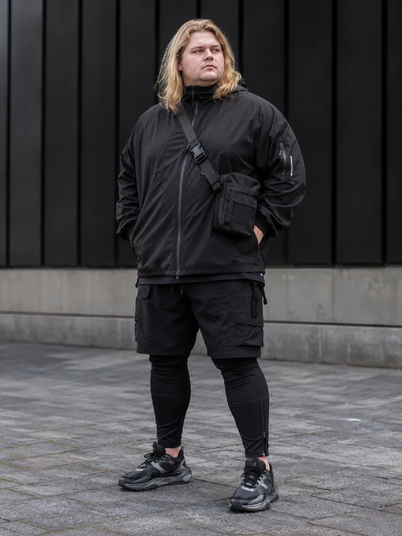 Black Hooded Jacket and Cargo Shorts with Tights