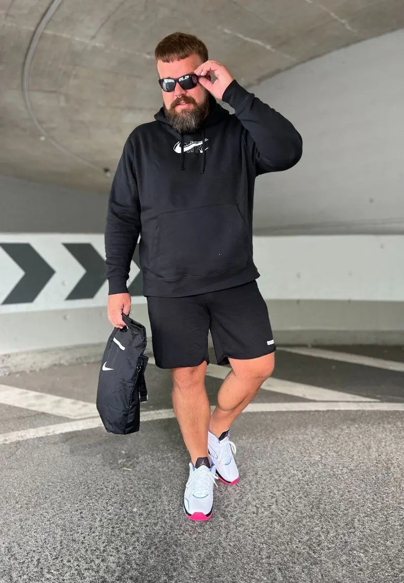 Black Hoodie and Black Athletic Shorts
