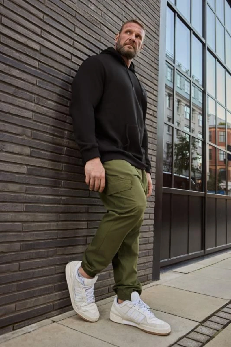 Black Hoodie with Olive Cargo Joggers and White Sneakers