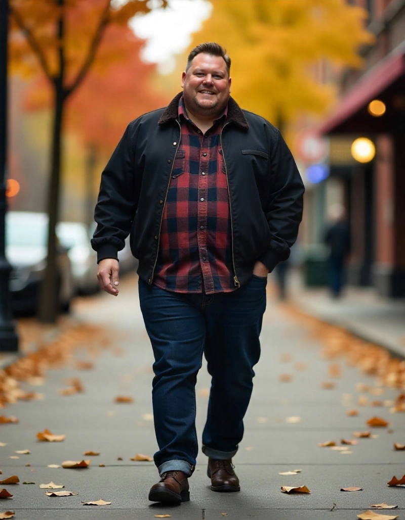 Black Jacket, Red-and-Navy Plaid Shirt, Dark Jeans