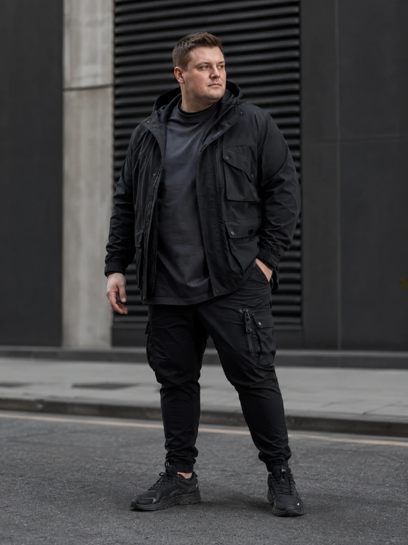 Black Jacket and T-Shirt with Cuffed Cargo Pants