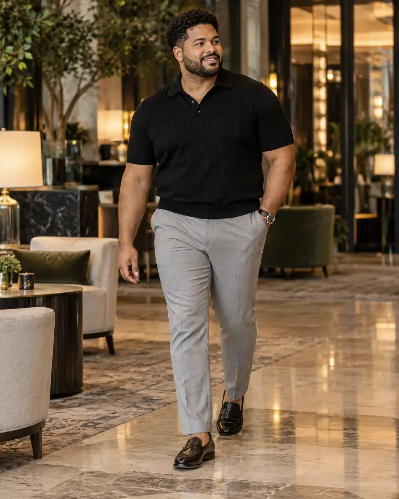 Black Knit Polo and Crisp Grey Trousers