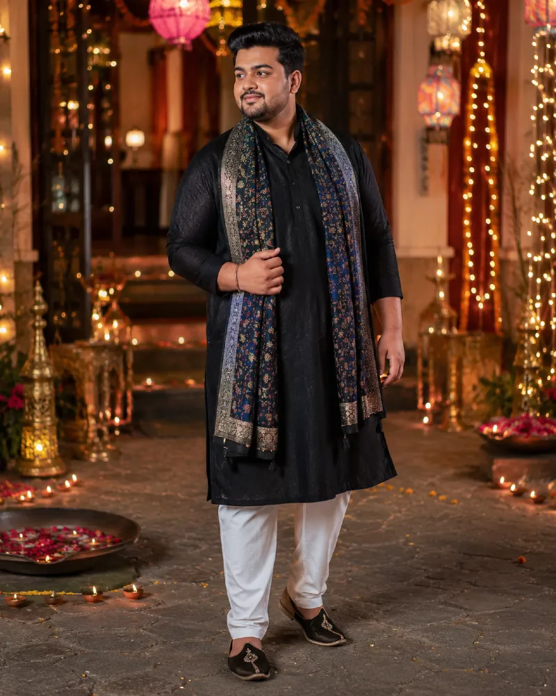 Black Kurta Pajama with Printed Dupatta