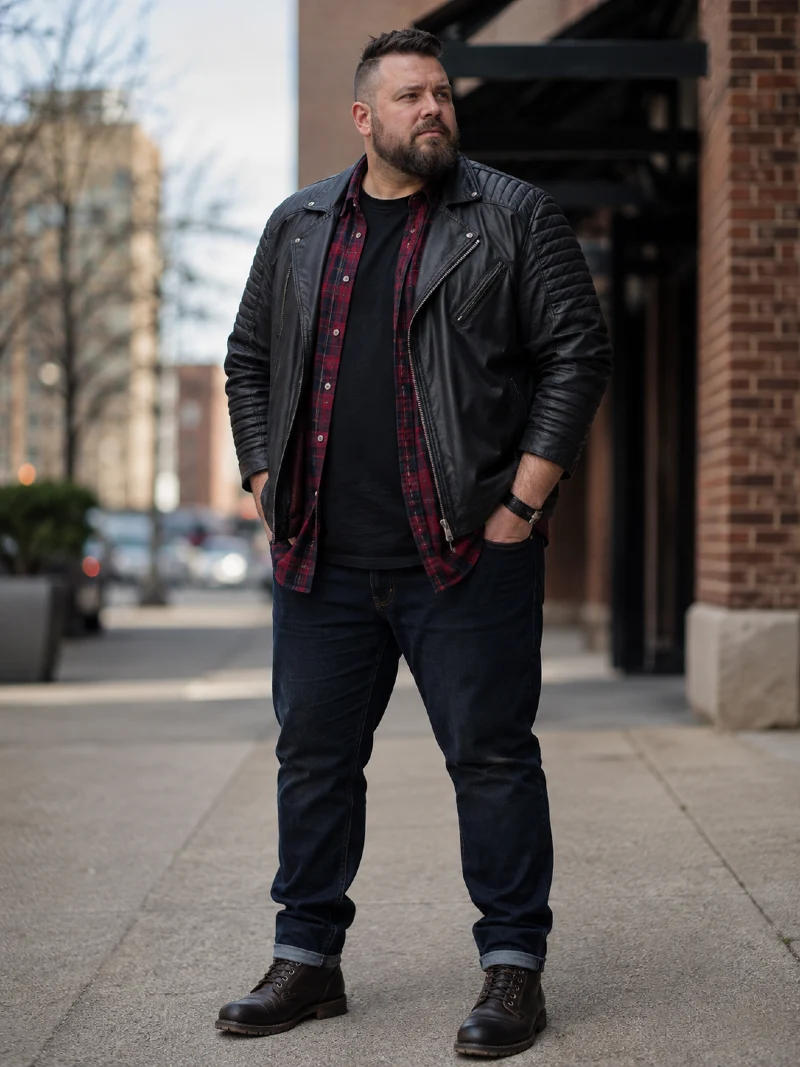 Black Leather Jacket, Plaid Shirt, and Dark Jeans