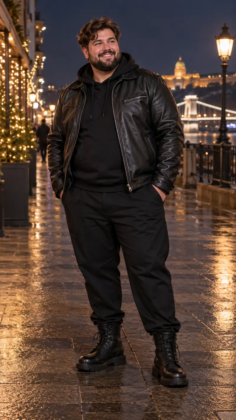 Black Leather Jacket, Pullover Hoodie, Relaxed Pants, and Combat Boots