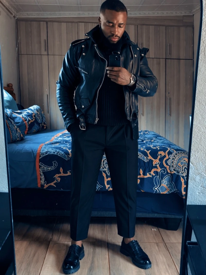 Black Leather Jacket With Cropped Trousers and Derby Shoes