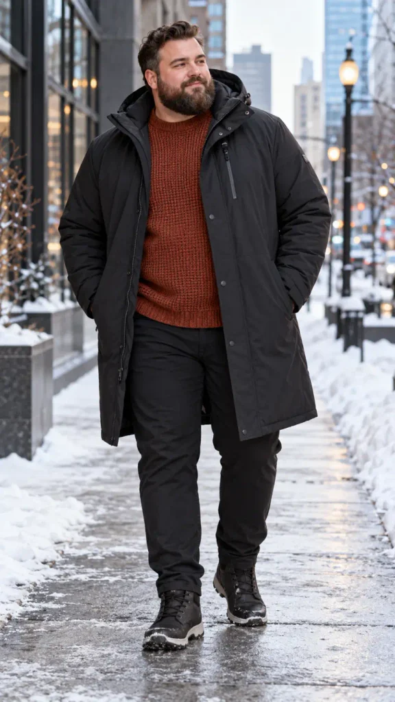 Black Long Parka and Rust Knit Sweater