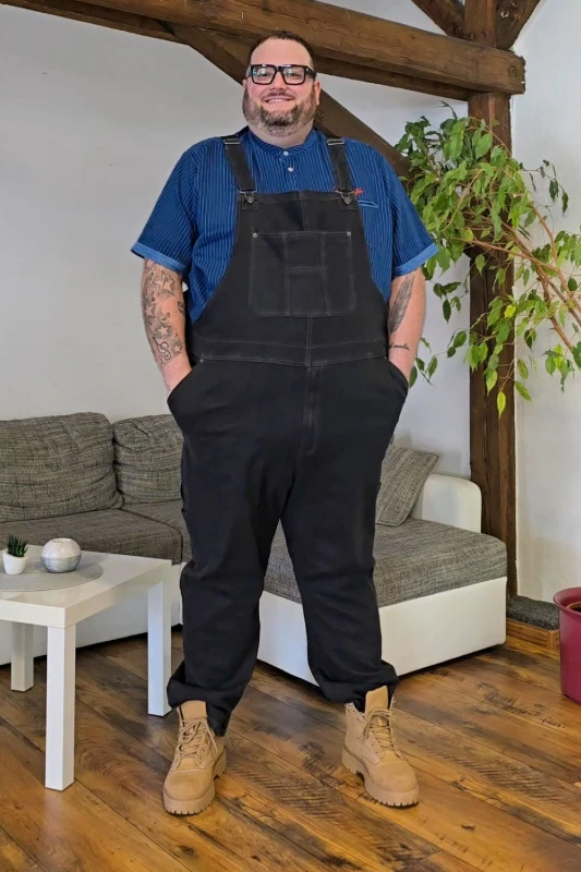 Black Overalls and Blue Striped Shirt