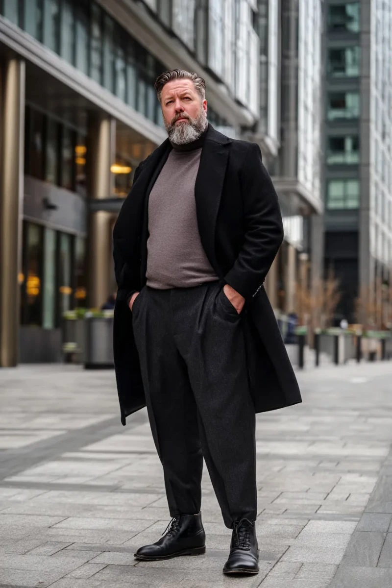 Black Overcoat, Brown Turtleneck Sweater, Dark Grey Trousers, and Black Boots