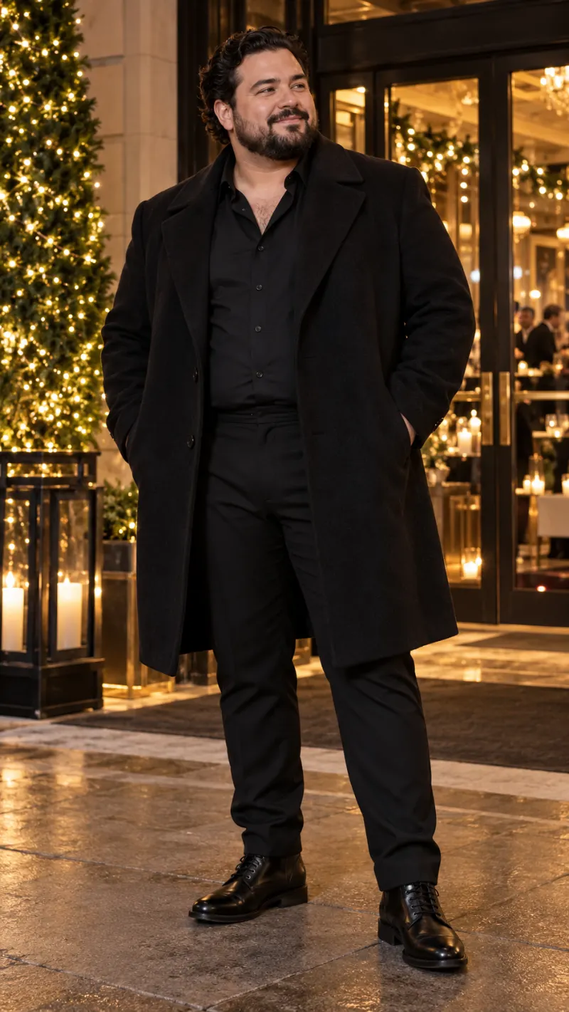 Black Overcoat, Button-Down Shirt, Trousers, and Leather Dress Shoes
