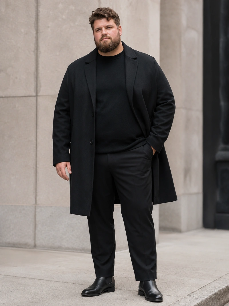 Black Overcoat, Crewneck Sweater, and Trousers
