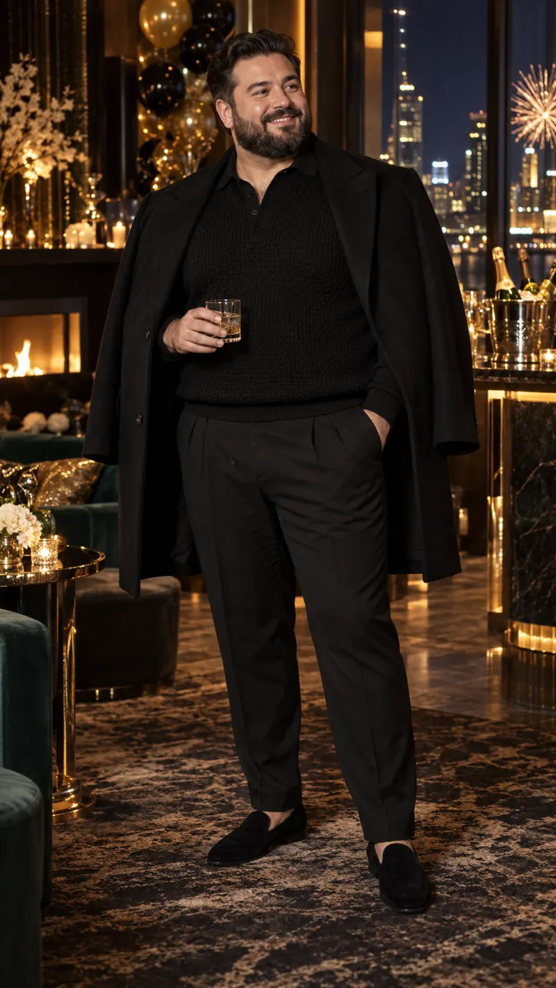 Black Overcoat, Knit Polo Sweater, Pleated Dress Trousers, and Suede Loafers