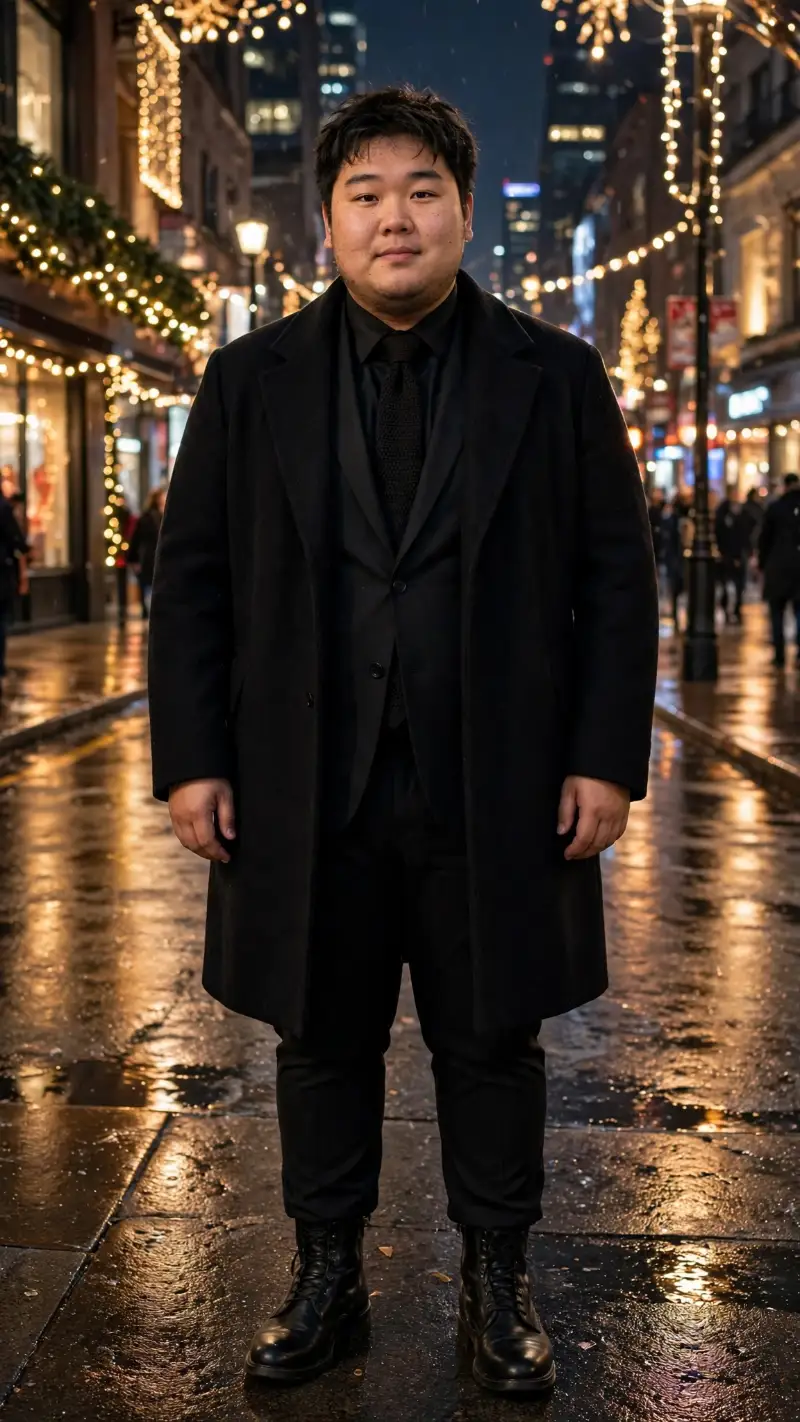 Black Overcoat, Suit Vest, Button-Down Shirt, Necktie, Trousers, and Leather Boots
