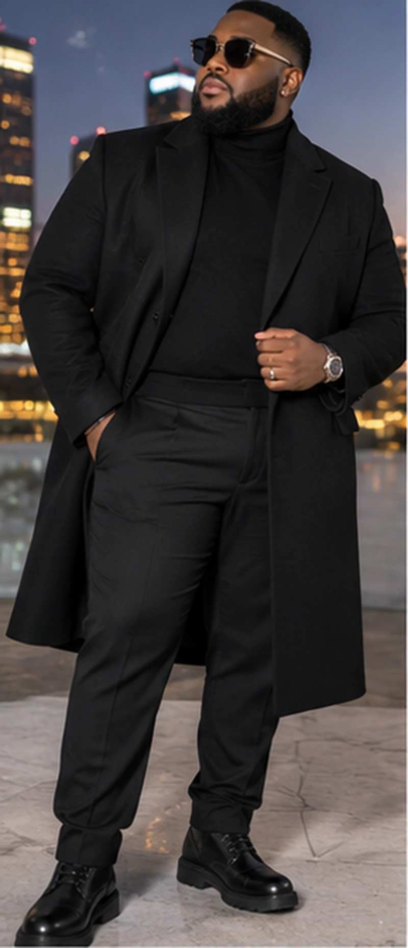 Black Overcoat, Turtleneck, Dress Trousers, Sunglasses, Watch, and Leather Derby Shoes