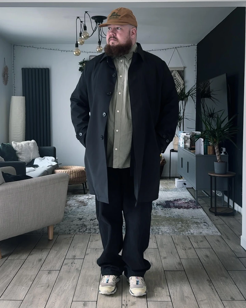Black Overcoat With Olive Shirt and Relaxed Trousers