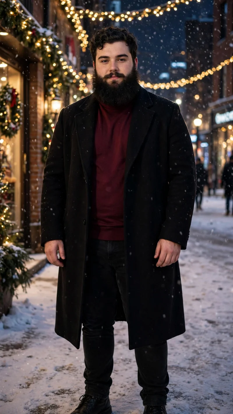 Black Overcoat with Burgundy Mock Neck Sweater and Black Jeans