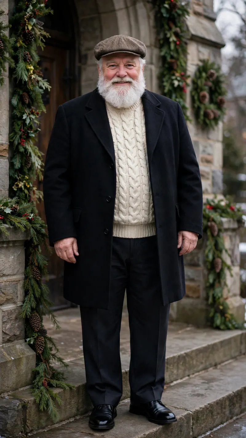 Black Overcoat with Cream Cable-Knit Sweater, Charcoal Trousers, and Flat Cap