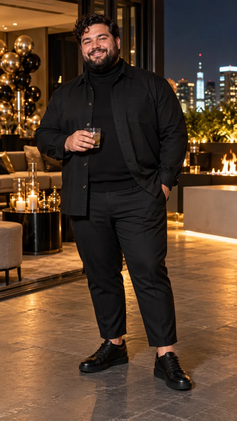 Black Overshirt, Turtleneck, Cropped Trousers, and Leather Sneakers