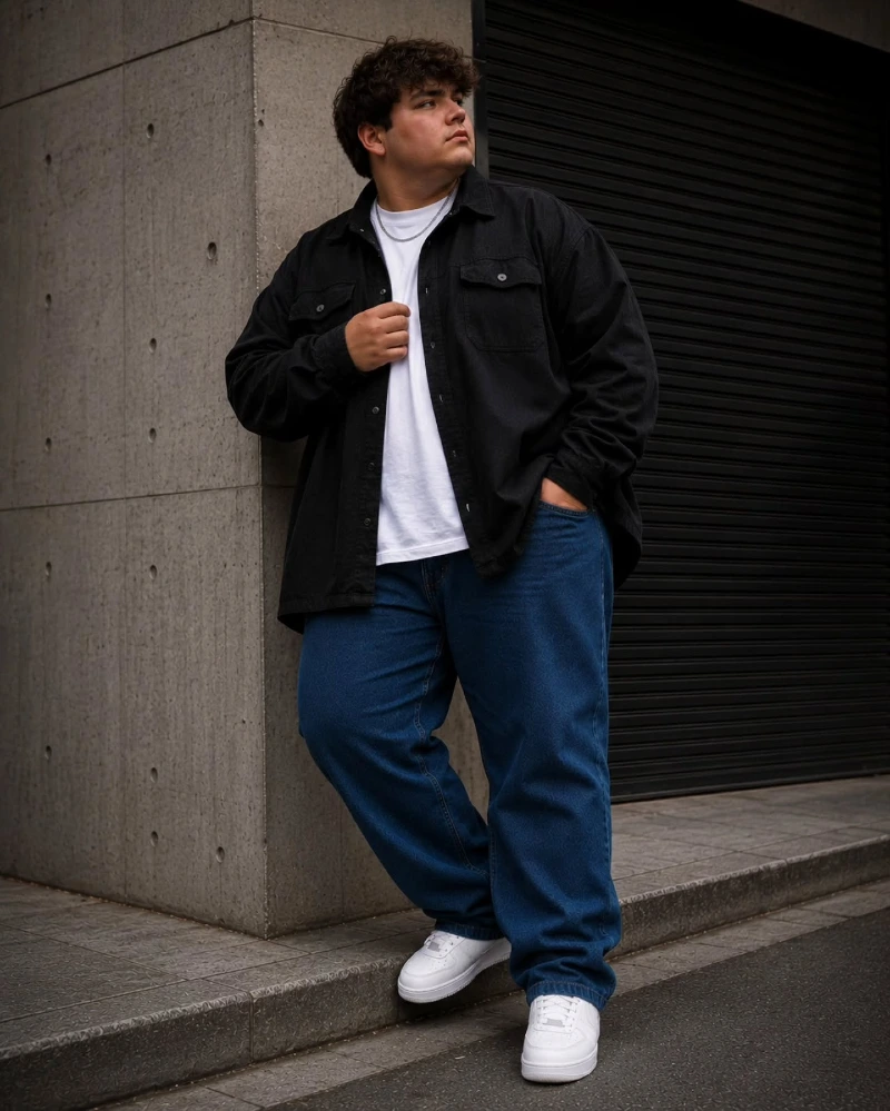  Black Overshirt With Relaxed Blue Jeans
