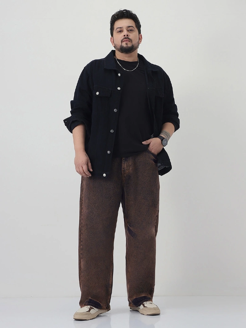 Black Overshirt with Brown Wide-Leg Jeans