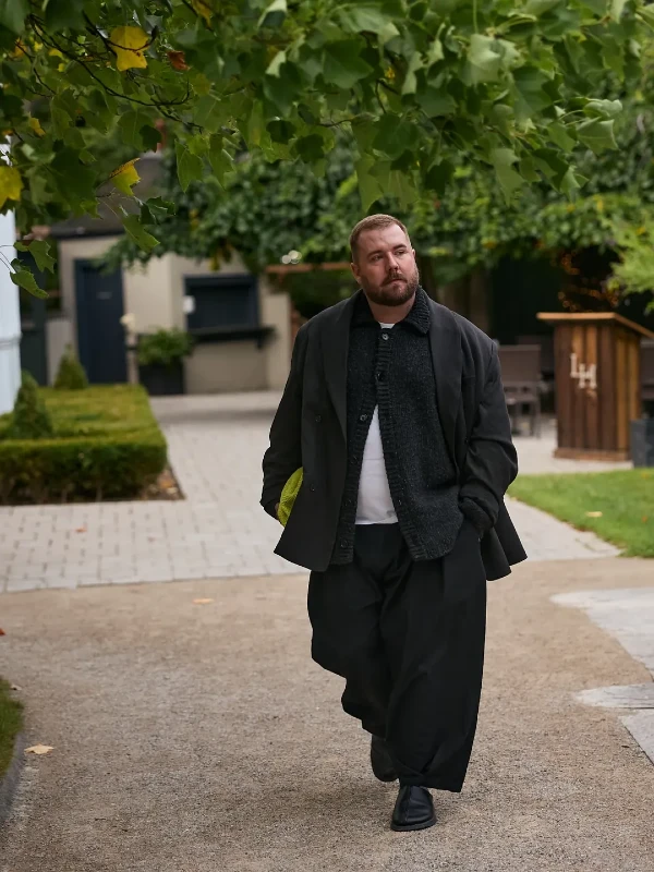 Black Oversized Blazer, Knit Cardigan, and Wide-Leg Trousers