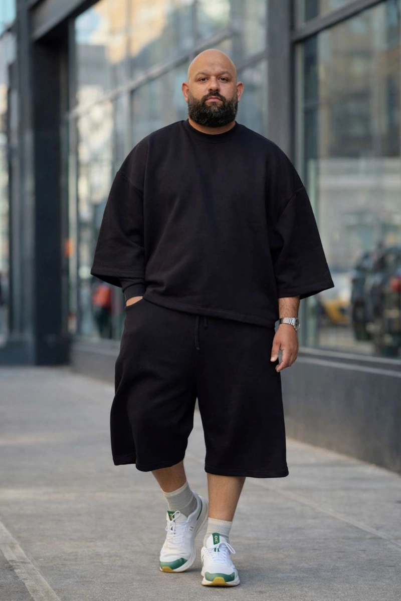 Black Oversized Short-Sleeve Sweatshirt With Black Shorts and White Sneakers