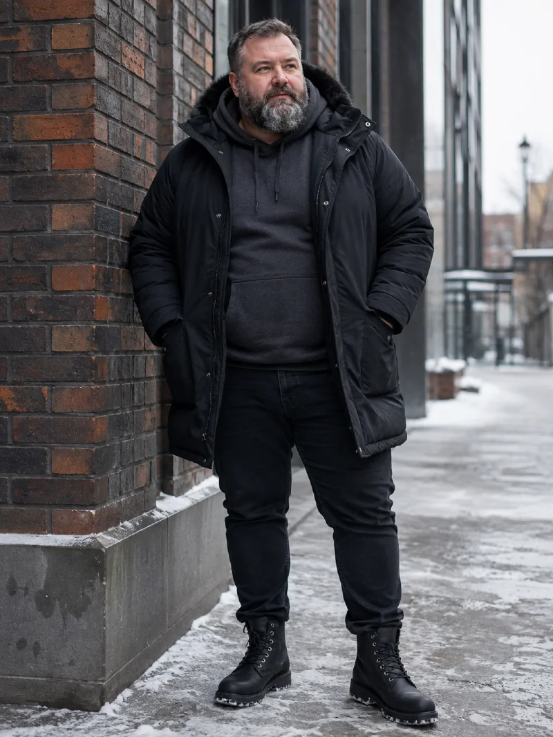 Black Parka Jacket with Dark Grey Hoodie and Black Jeans