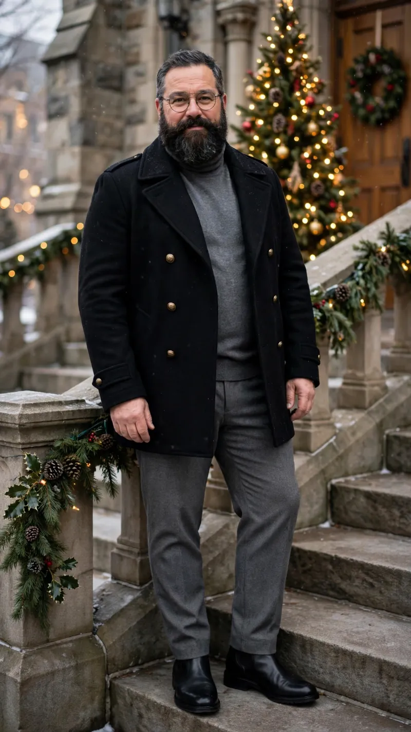Black Pea Coat and Grey Roll Neck Sweater with Grey Trousers