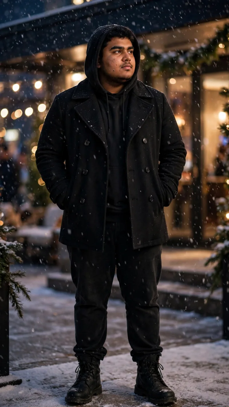 Black Peacoat, Pullover Hoodie, Relaxed Pants, and Lace-Up Winter Boots