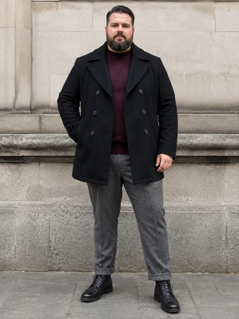 Black Peacoat with Burgundy Mock-Neck Sweater and Grey Trousers