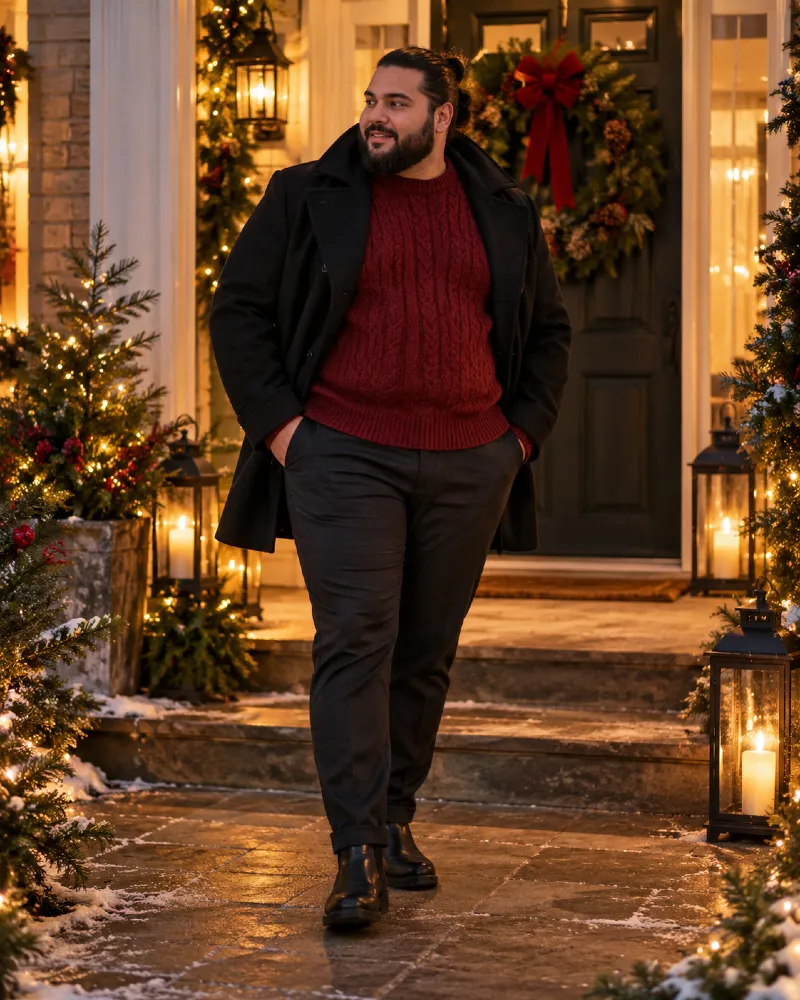 Black Peacoat with Maroon Cable-Knit Sweater, Dark Trousers, and Chelsea Boots