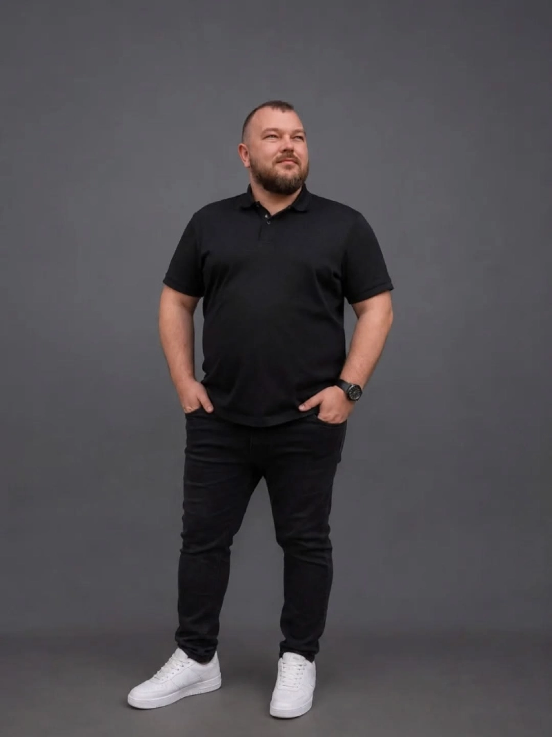 Black Polo Shirt With Black Jeans and White Sneakers
