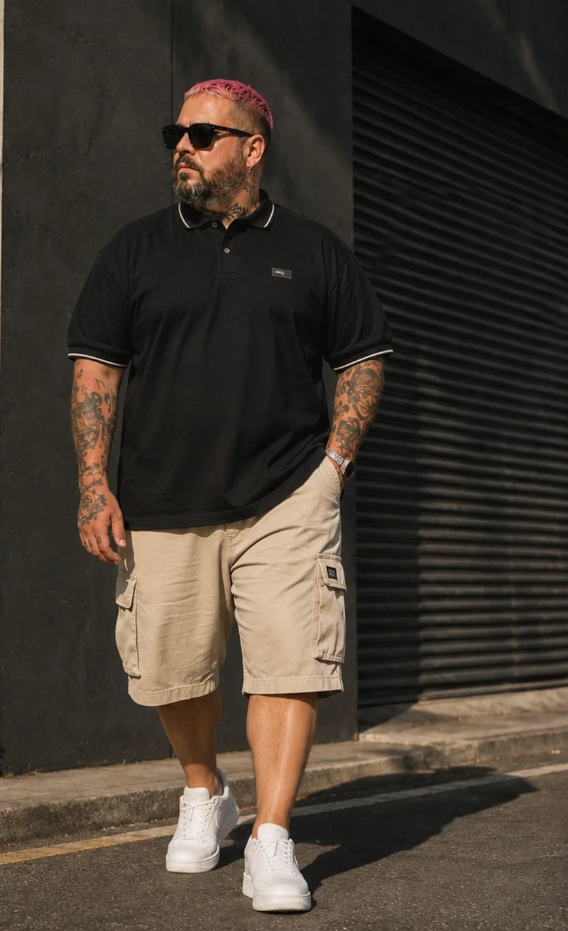 Black Polo Shirt and Khaki Cargo Shorts