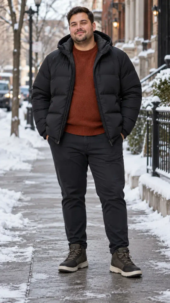 Black Puffer Jacket and Rust Crewneck