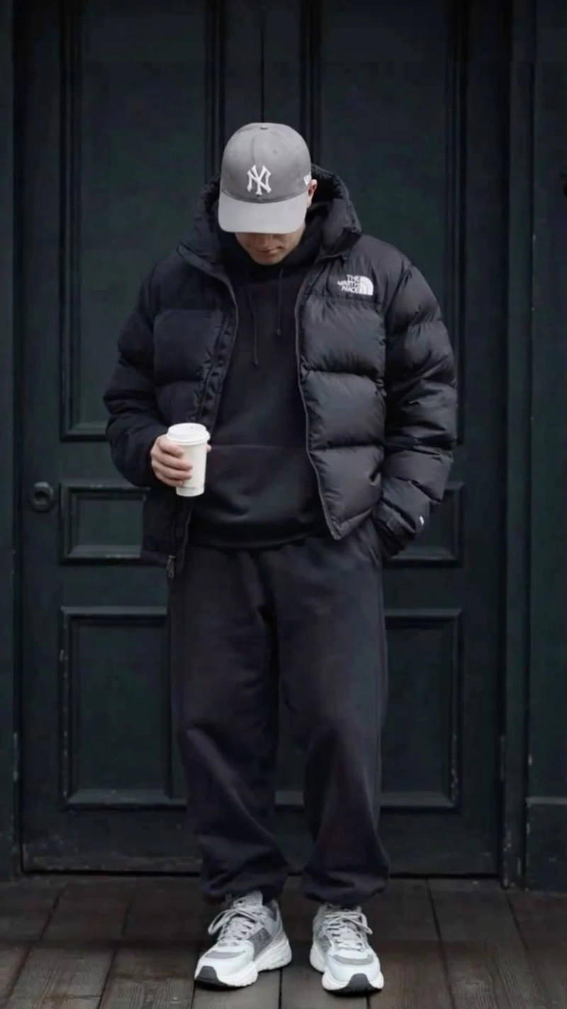 Black Puffer Jacket with Hoodie and Sweatpants