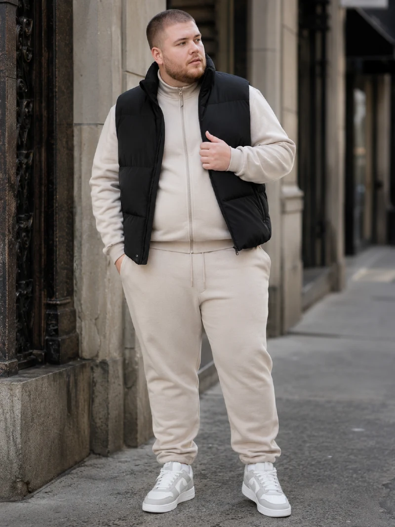 Black Puffer Vest, Beige Zip-Up Sweatshirt, Beige Sweatpants, and White Sneakers