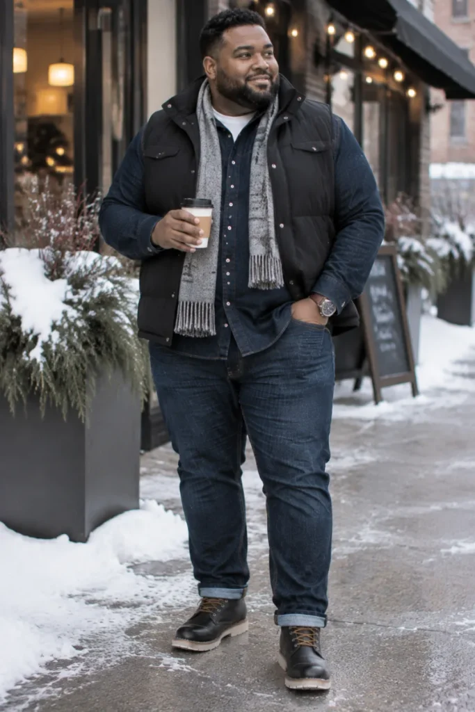 Black Puffer Vest Over Double Denim Base