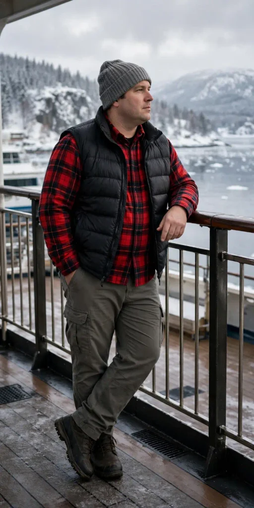 Black Puffer Vest and Red Plaid Flannel