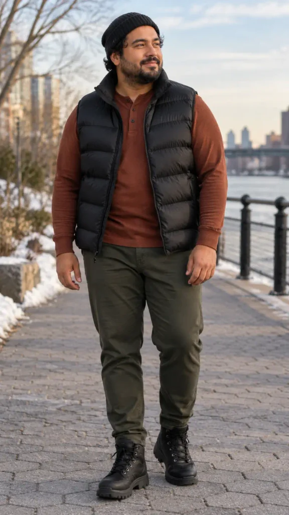 Black Puffer Vest and Rust Henley