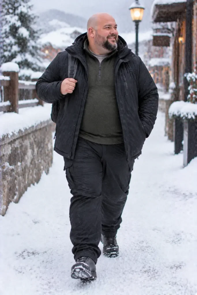 Black Quilted Jacket and Olive Half Zip