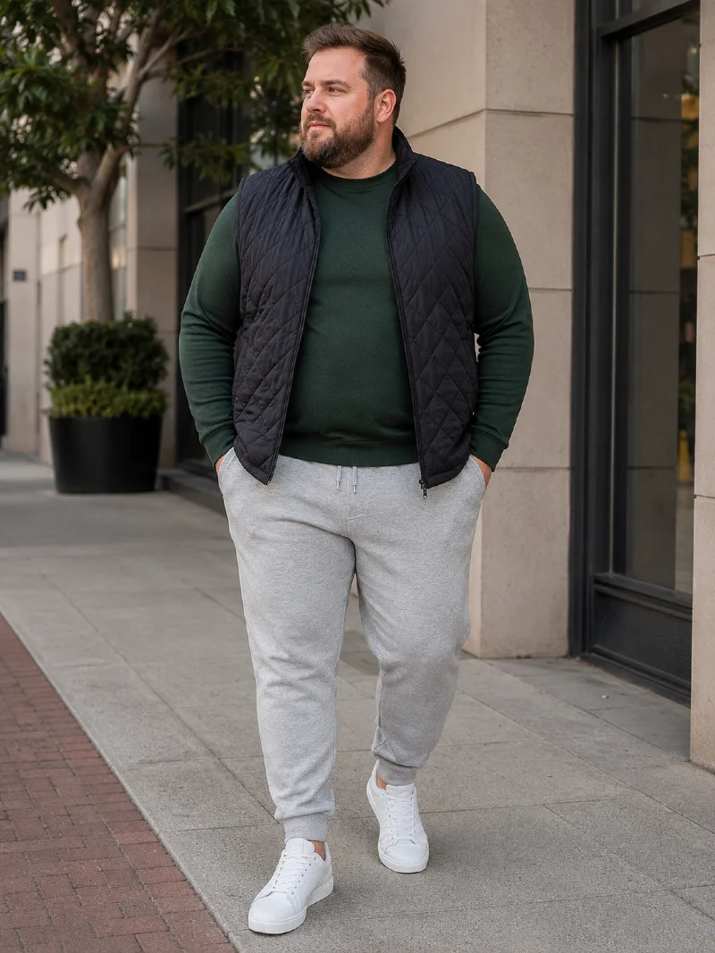 Black Quilted Vest, Dark Green Sweatshirt, Light Gray Sweatpants, and White Sneakers